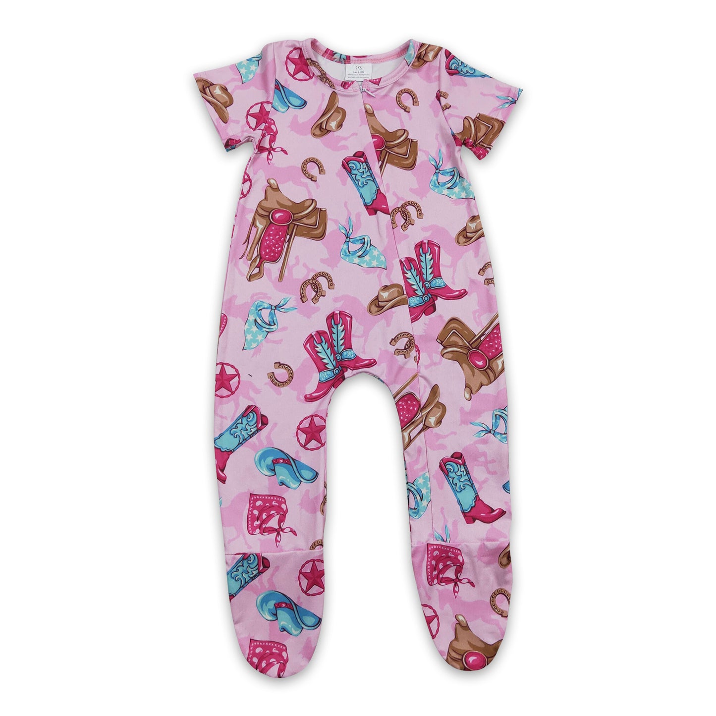 SR0194 Baby Girls Western Boots Short Sleeve Footed Romper On Sale