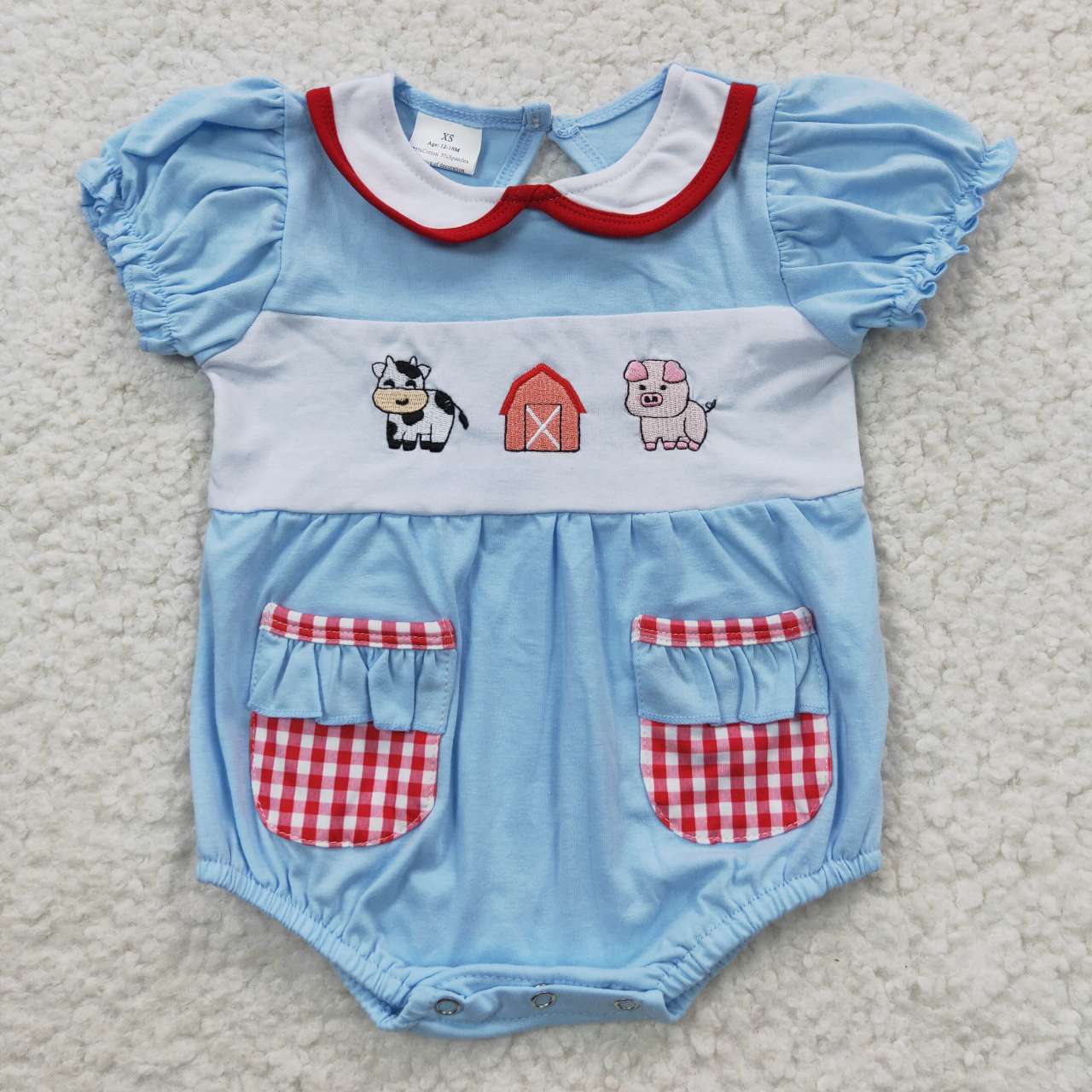 Baby Girls Short Ruffle Sleeves Embroidery Cow Pig House Red Plaid Pockets Farm Rompers