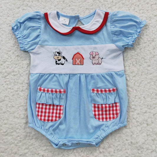 Baby Girls Short Ruffle Sleeves Embroidery Cow Pig House Red Plaid Pockets Farm Rompers
