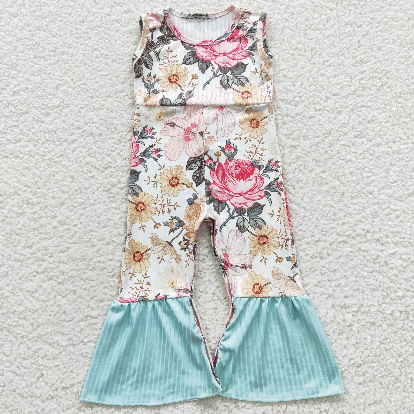 SR0368 Girls Flower Jumpsuit With Ruffle