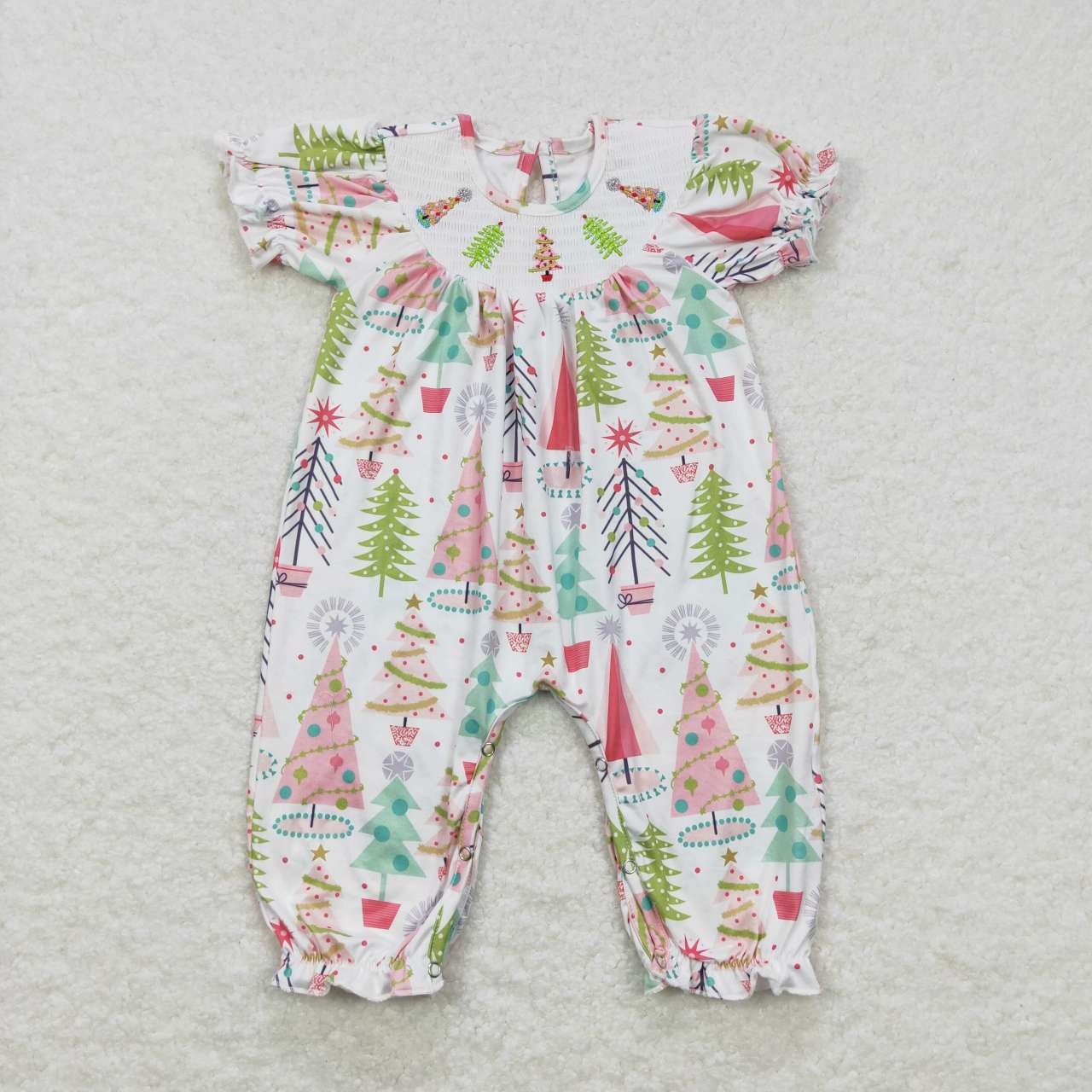 Newborn Baby Girls Christmas Tree Smocked Romper