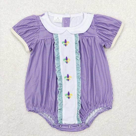 Sibling Baby Girls Mardi Gars Purple Gingham Short Sleeve Bubble Romper