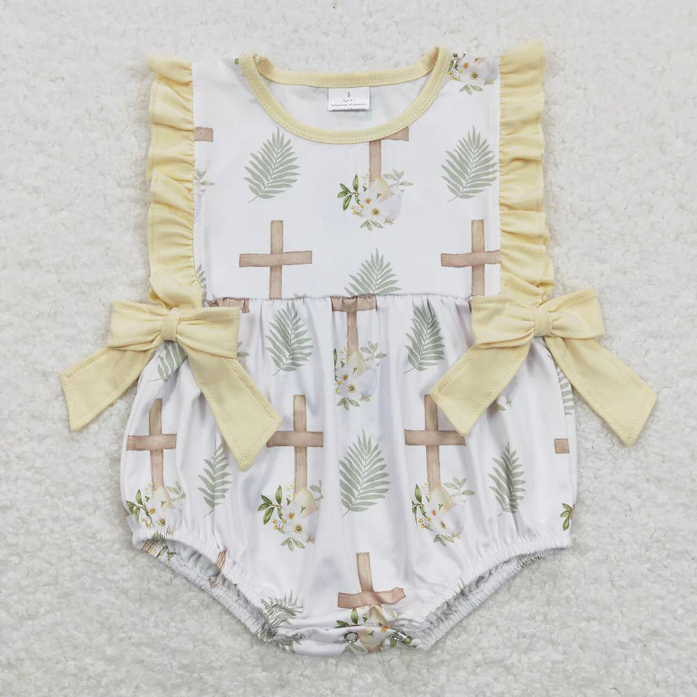 Sibling Baby Girls Cross Easter Flowers Bows Rompers Dresses