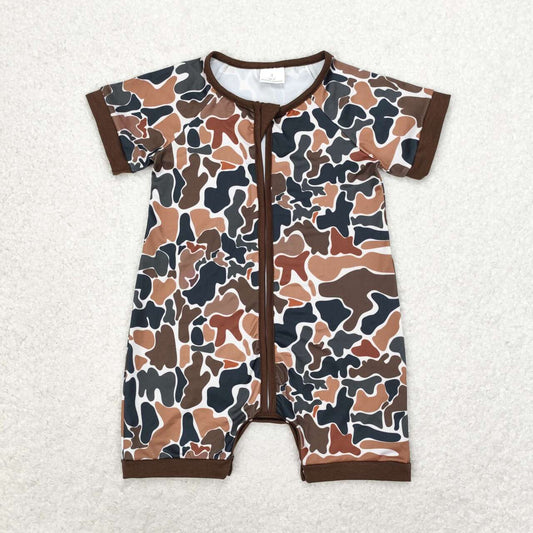 Baby Boys Brown Camo Zipper Romper Short Sleeve