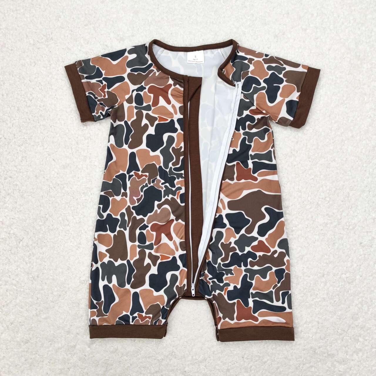 Baby Boys Brown Camo Zipper Romper Short Sleeve