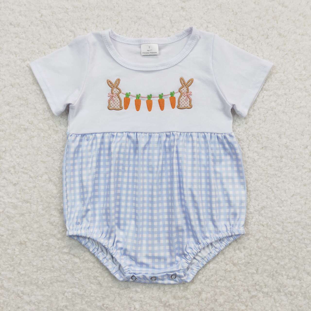 Baby Boys Easter Bunny Carrot Blue Ginghim Romper