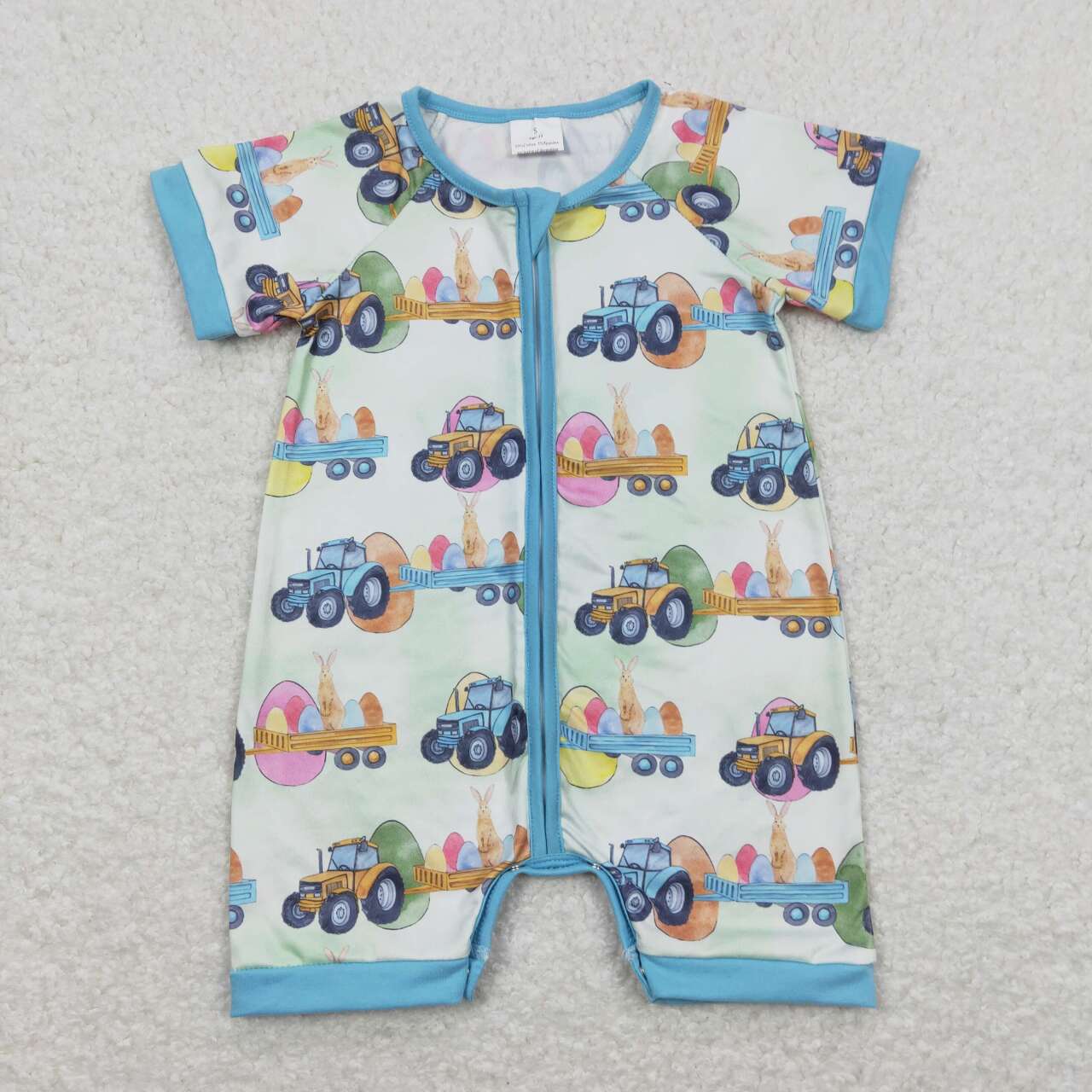 Baby Boys Blue Short Sleeves Bunny Eggs Truck Zipper Easter Romper