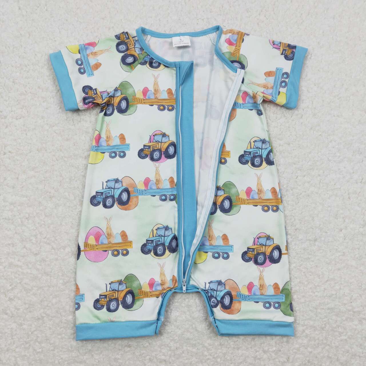 Baby Boys Blue Short Sleeves Bunny Eggs Truck Zipper Easter Romper