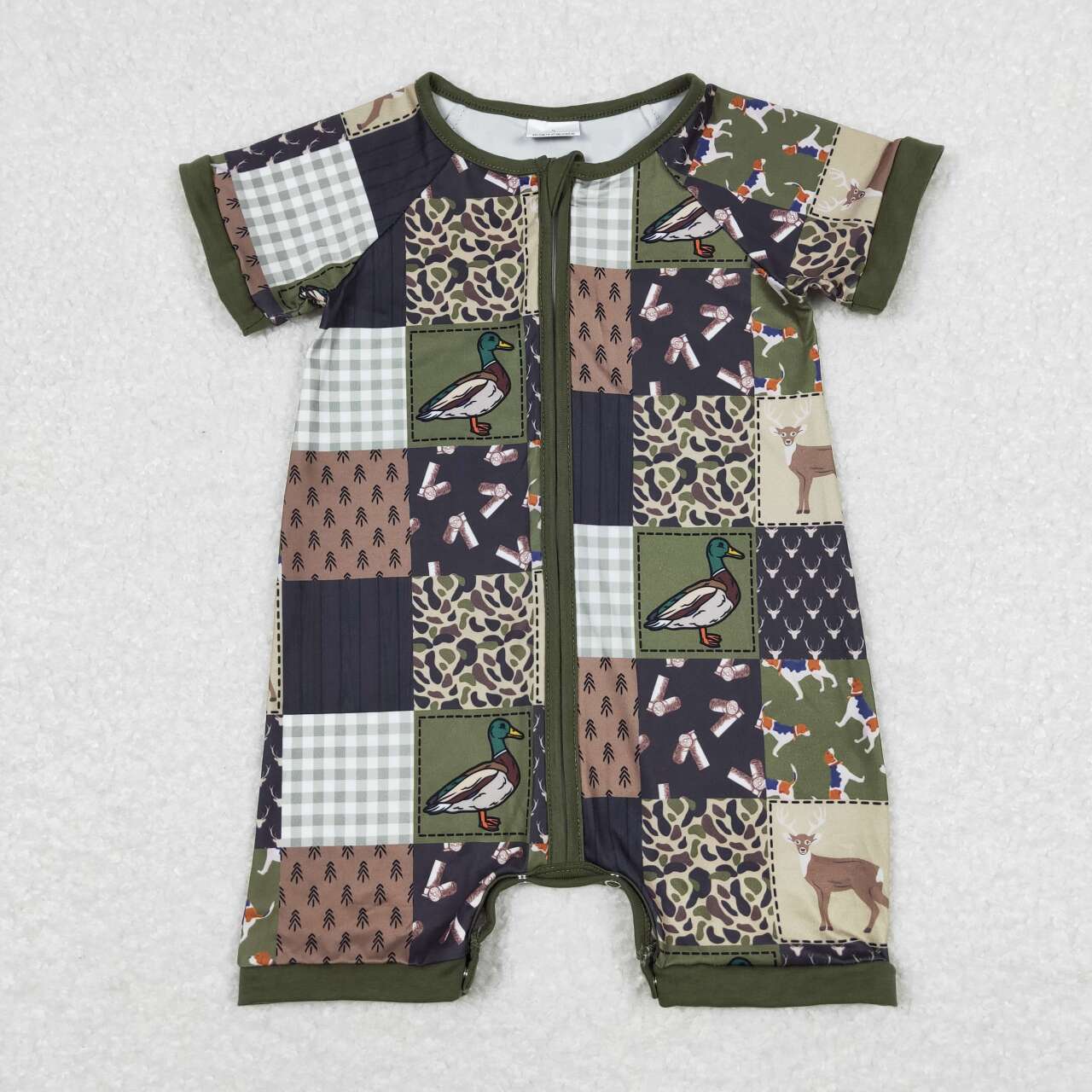 SR0902 Baby Boys Hunting Deer Duck Short Sleeve Zip Rompers