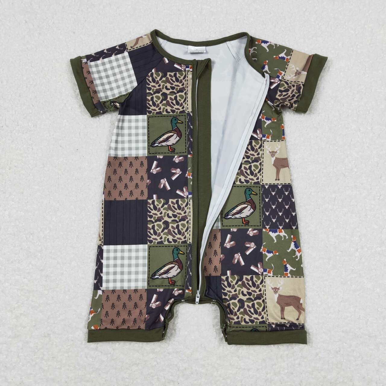 SR0902 Baby Boys Hunting Deer Duck Short Sleeve Zip Rompers