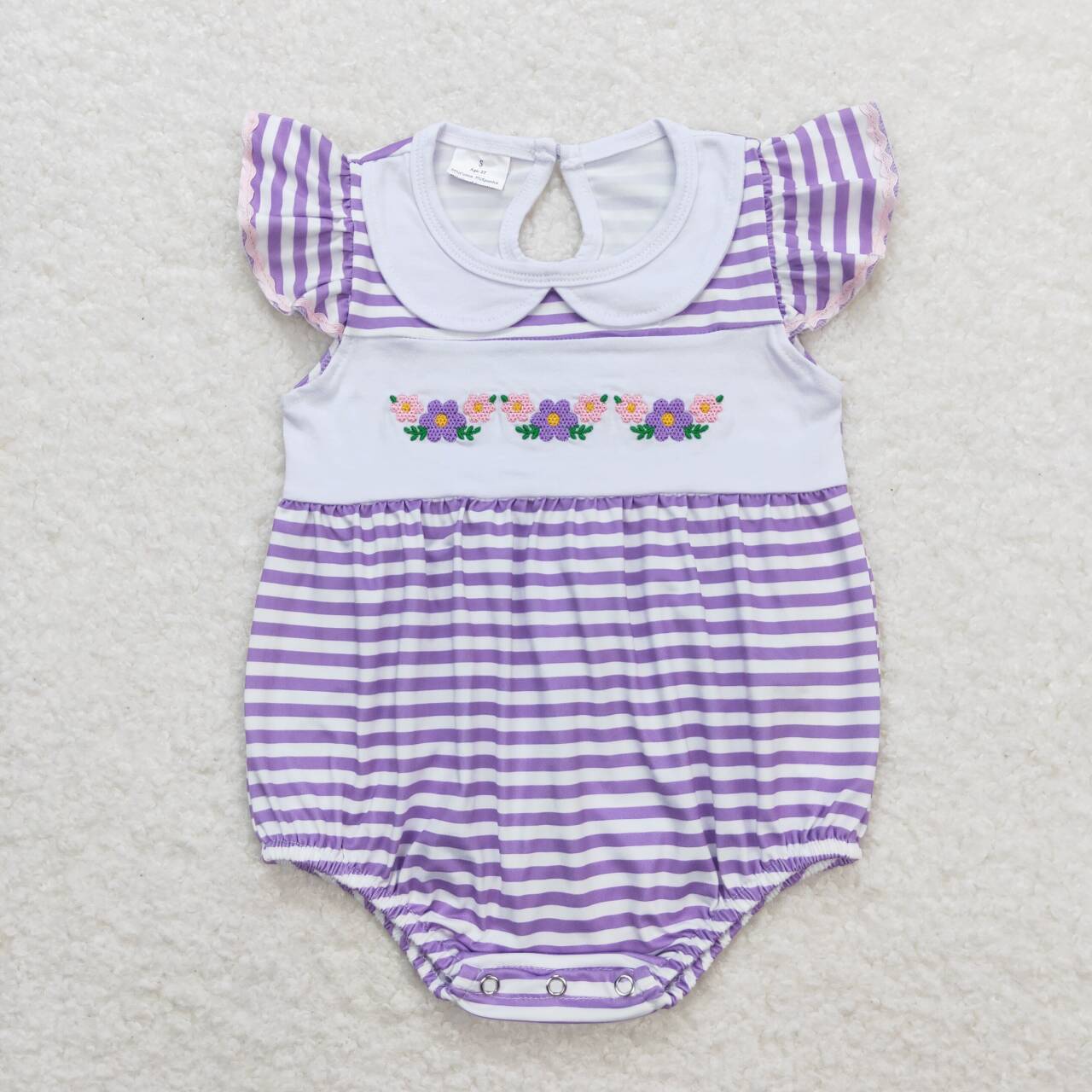 Sibling Sister Baby Girls Summer Embroidery Flower Purple Striped Dress and Romper