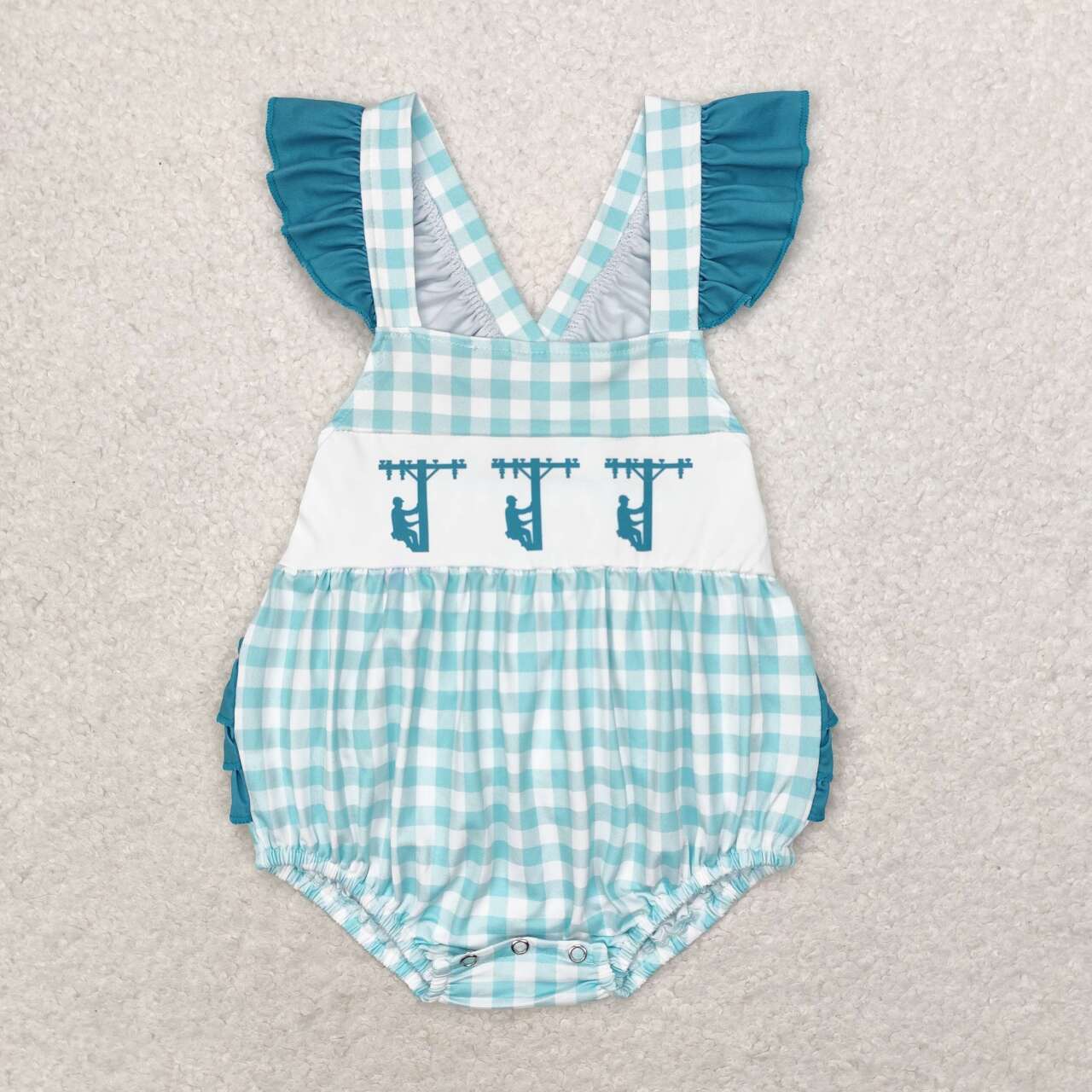 Baby Sibling Girls Boys Linemen Print Green Gingham Outfit Romper