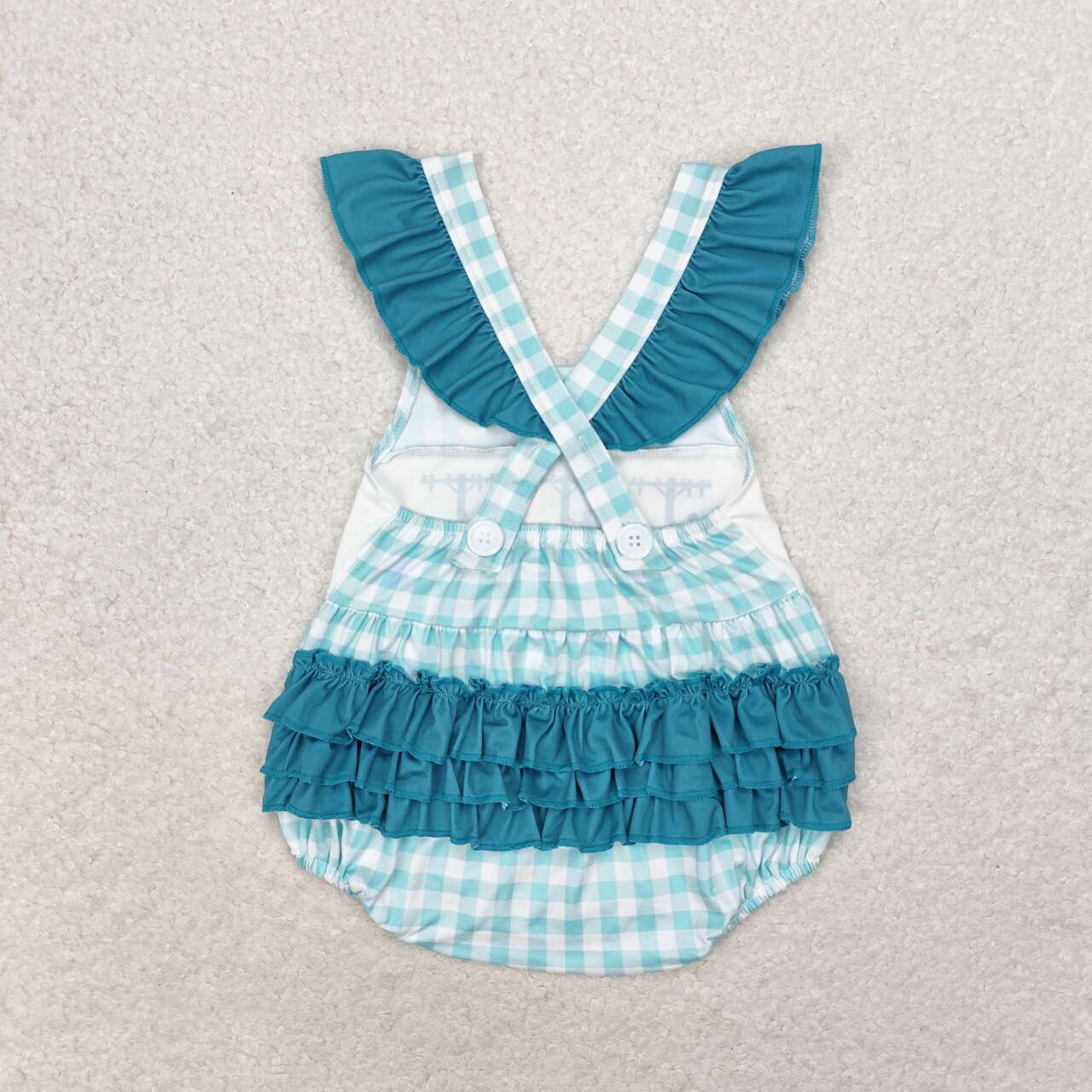 Baby Sibling Girls Boys Linemen Print Green Gingham Outfit Romper