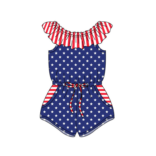 SR1299 Kids Girls July 4th Stars Red Striped Jumpsuit Preorder