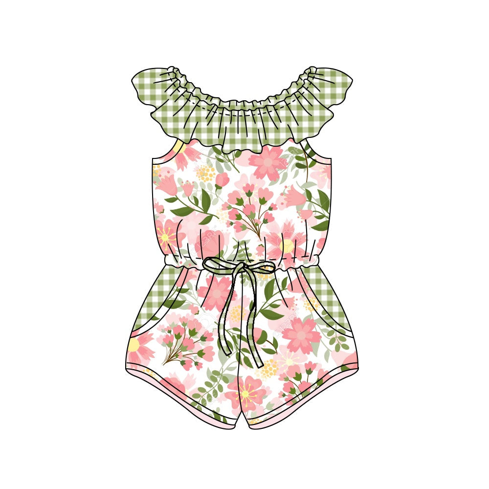 SR1328 Baby Girls Floral Green Gingham Ruffle Jumpsuit Preorder