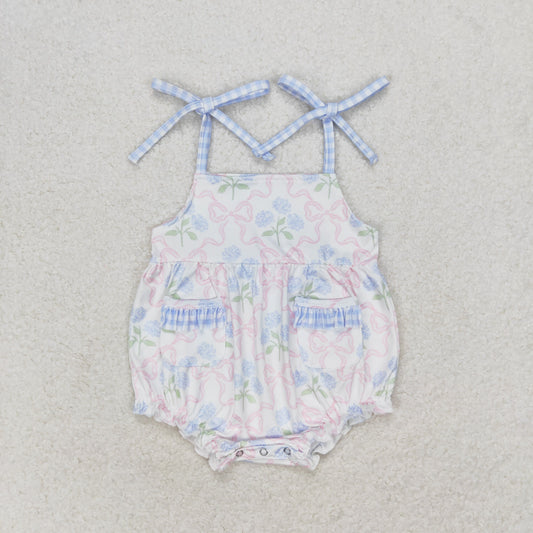 Newborn Baby Girls Blue Flower Pink Bow Romper