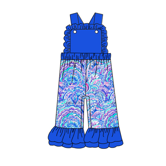 SR1811 Kids Girls Tropical Floral Jumpsuit With Dark Blue Ruffle