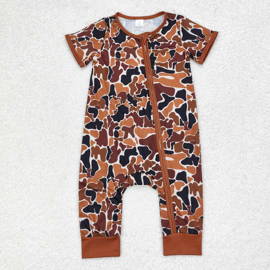 Newborn Boys Brown Camo Long Sleeve Bamboo Romper