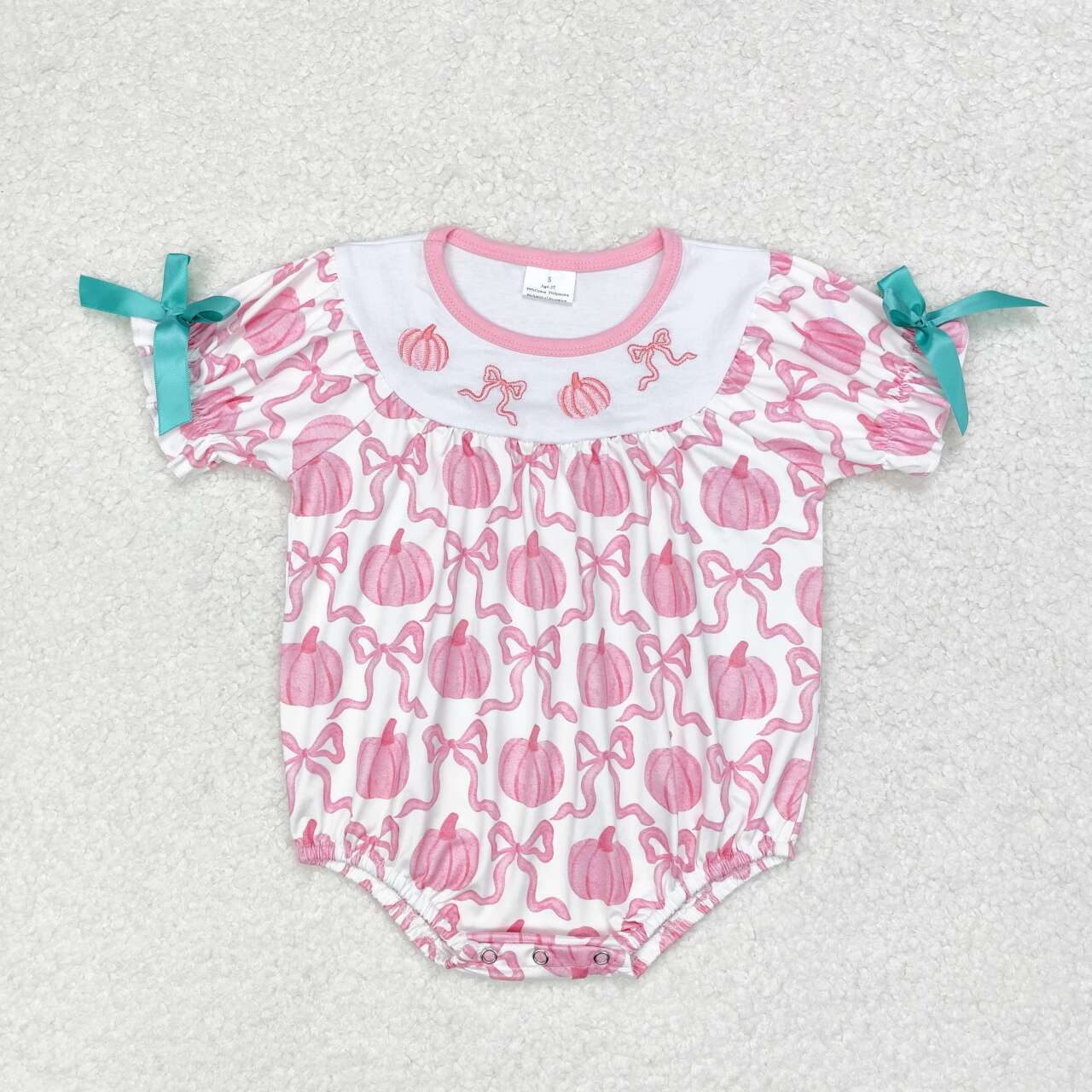 Baby Girls Pink Pumpkin Bow Short Sleeve Bubble Romper