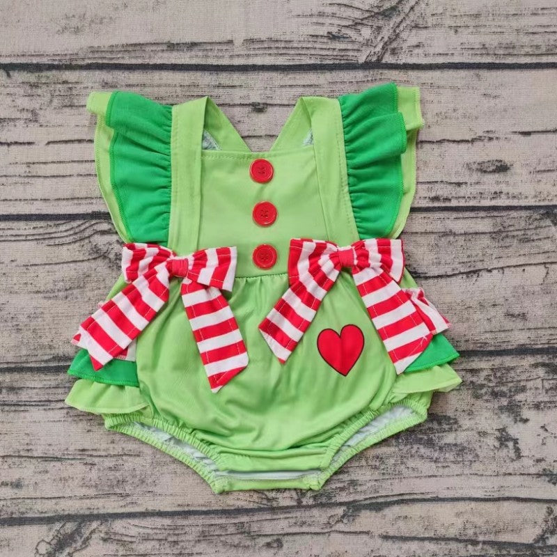 Newborn Baby Girls Green Christmas  Red Heart Romper