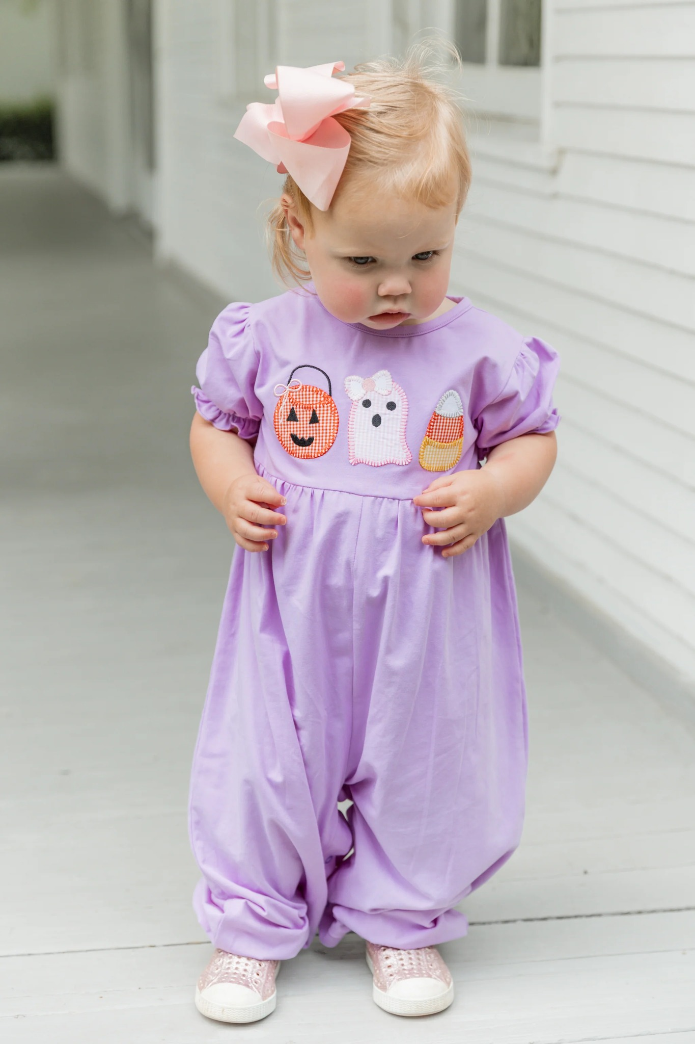 SR1927 Newborn Baby Girls Halloween Pumpkin Ghost Candy Corn Purple Romper Preorder