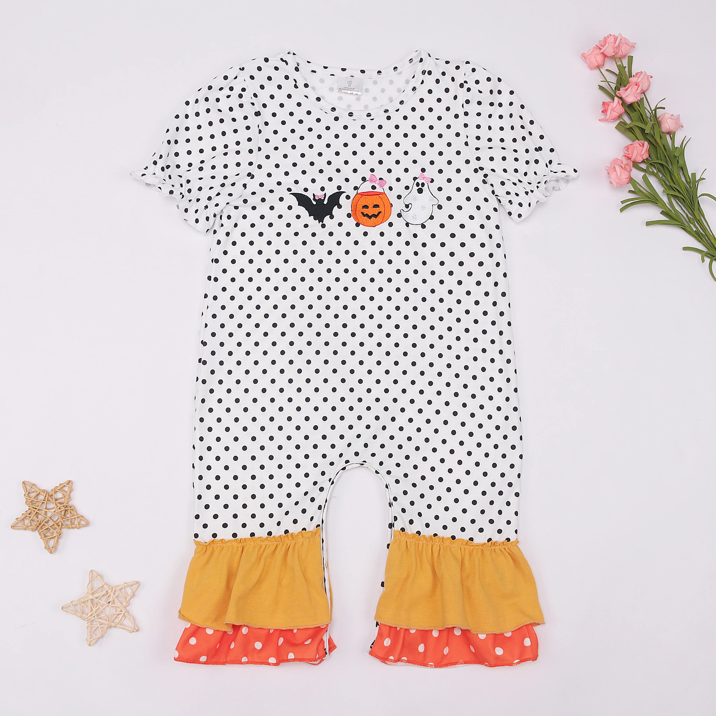 SR1934 Baby Girls Halloween Romper With Orange Ruffle Preorder