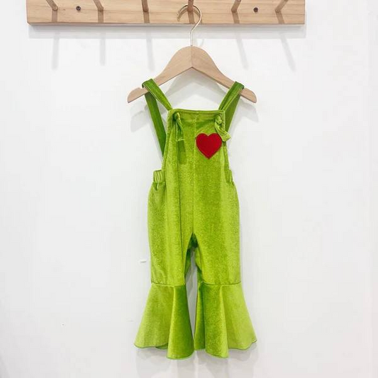 Baby Girls Christmas Green Velvet Jumpsuit With Red Heart Preorder