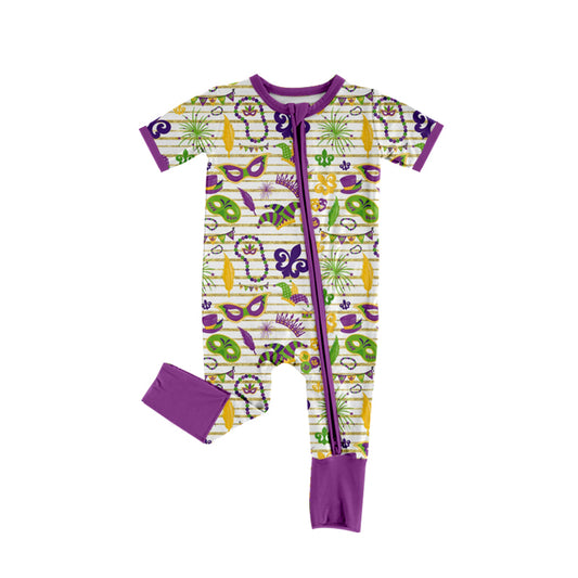 Baby Girls Mardi Gras Short Sleeve Zip Romper Pre-order