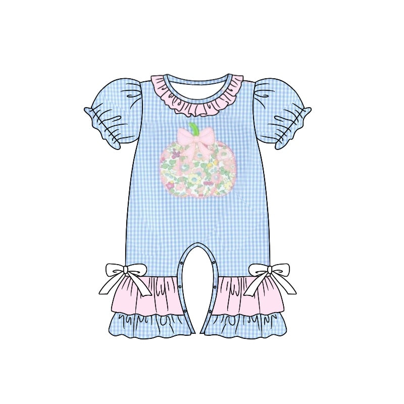 3 MOQ Baby Girls Floral Pumpkin Blue Gingham Short Romper Pre-order