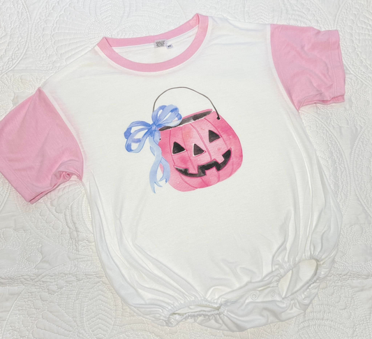 SR1966 Newborn Baby Girls  Halloween Pink Pumpkin Short Sleeve Bubble Romper Pre-order