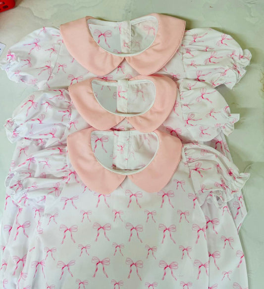 SR1975 Newborn Baby Girls  Pink Bow Peter Pan Collar Bubble Romper Pre-order