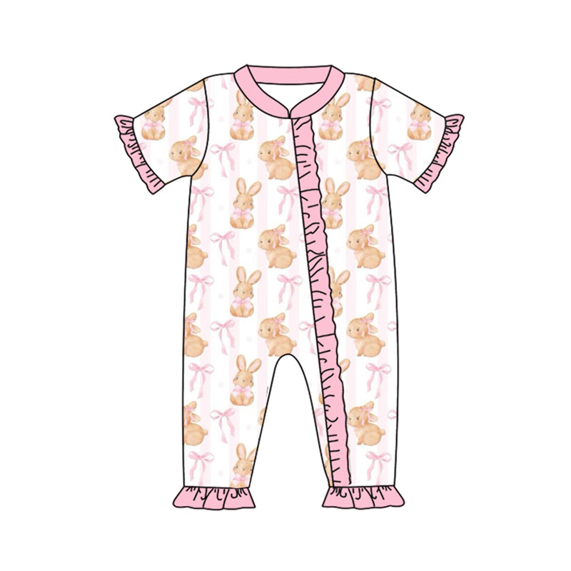 SR2021 Newborn Baby Girls Easter Bunny Bow Pink Short Sleeve Zipper Romper Preorder