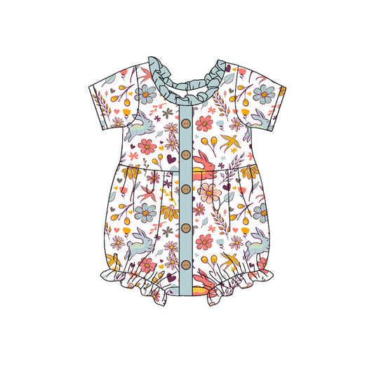 SR2022 Newborn Baby Girls Easter Bunny Floral Short Sleeve Bubble Romper Preorder