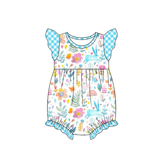 SR2024 Newborn Baby Girls Easter Bunny Floral Flutter Sleeve Romper Preorder