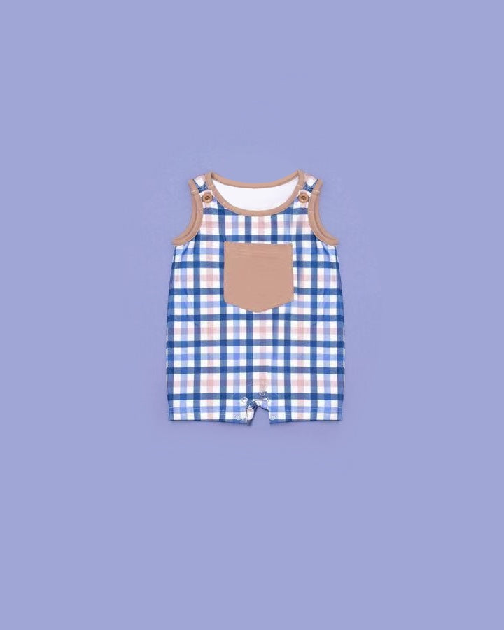 SR2038 Newborn Baby Boys Blue Gingham Sleevelss Romper Preorder