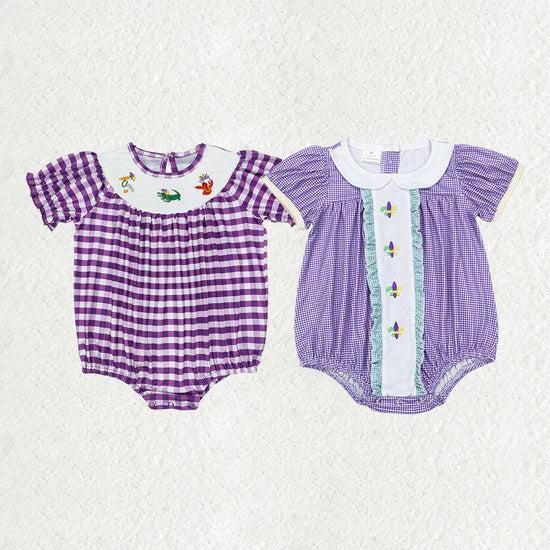 Sibling Baby Girls Mardi Gars Purple Gingham Short Sleeve Bubble Romper