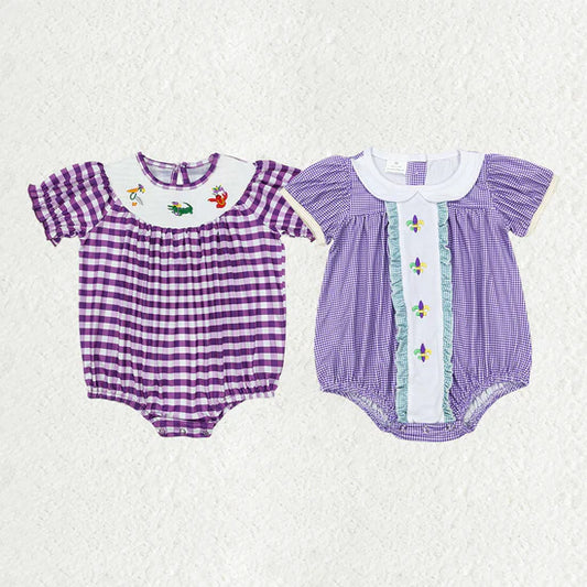 Sibling Baby Girls Mardi Gars Purple Gingham Short Sleeve Bubble Romper