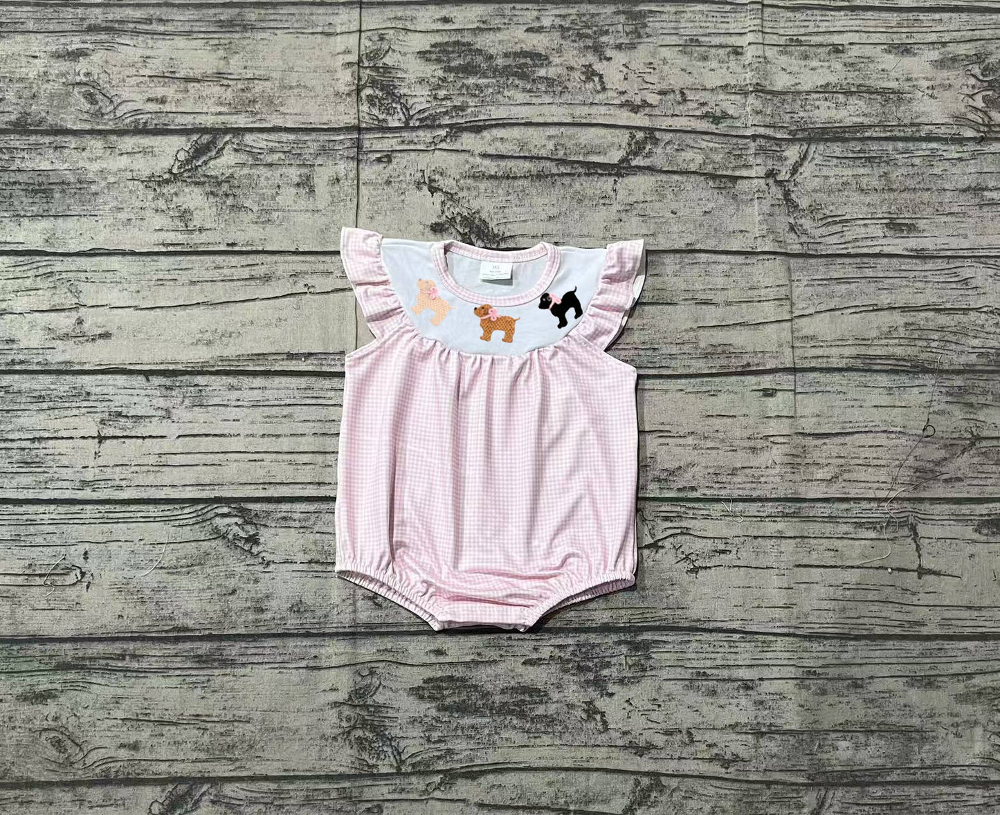 Baby Girls Pink Flutter Sleeves Embroidery Dogs Valentines Romper Preorder