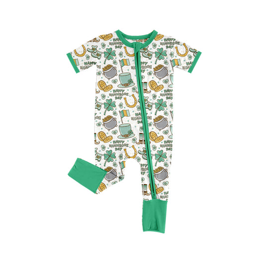 SR2081 Newborn Baby Boys Zipper Romper Happy Shamrock Day