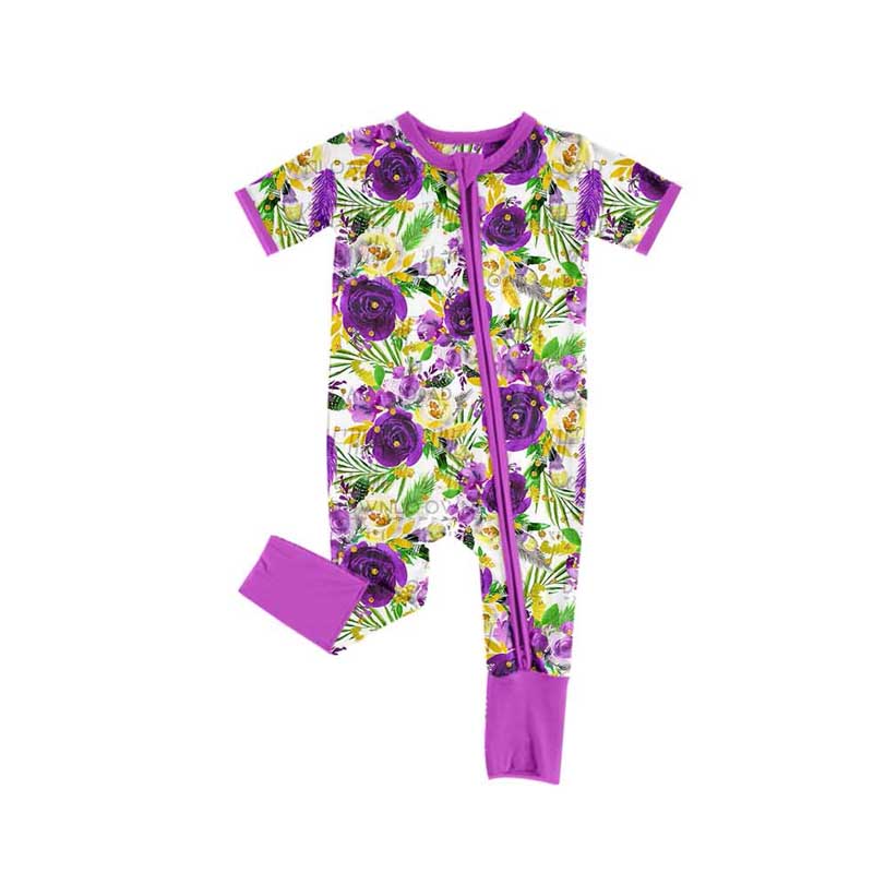 SR2087 Newborn Baby Girls Purple Floral Zipper Romper Preorder