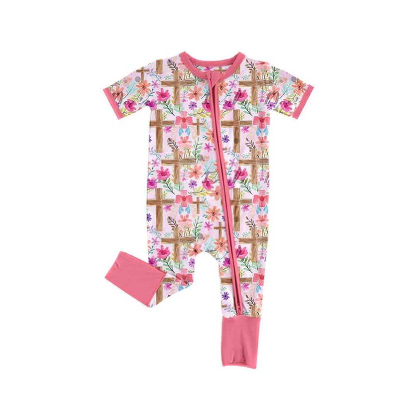 SR2089 Newborn Baby Girls Cross Floral Zipper Romper Preorder