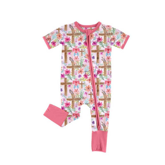 SR2089 Newborn Baby Girls Cross Floral Zipper Romper Preorder