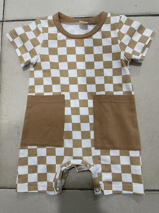 SR2098 Newborn Baby Boys Khaki Checked Short Sleeve Romper With Pocket Preorder