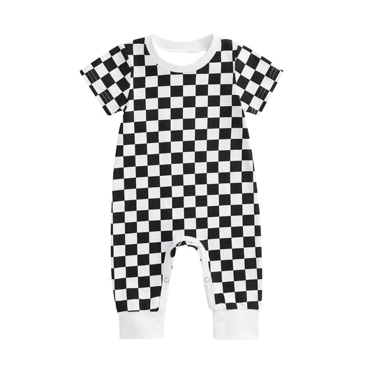 SR2100 Newborn Baby Boys Black Checked Short Sleeve Romper Preorder