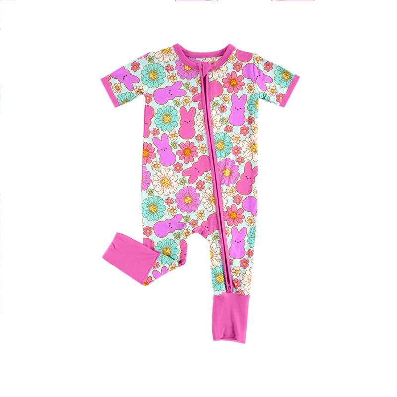 Sibling Baby Girls  Easter Hot Pink Bunny Flower Clothes