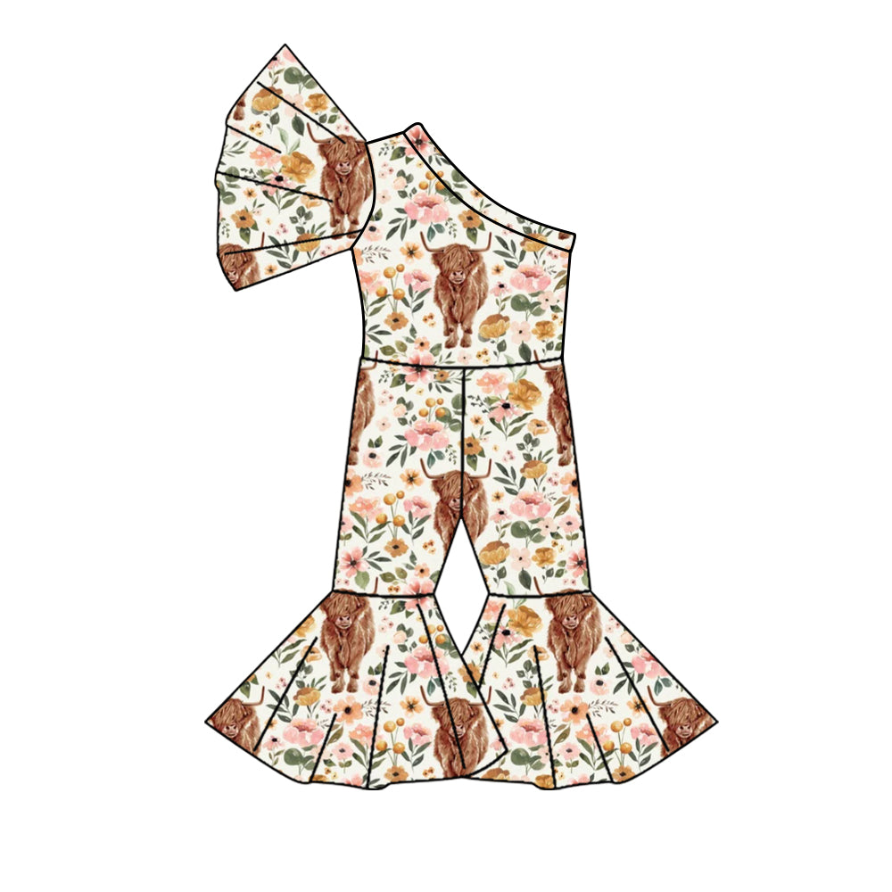 Toddler Girls Spring Highland Cow Floral One Shoulrt Jumpsuit Preorder