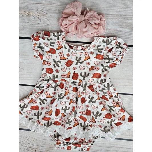 SR2126 Newborn Baby Girls Western Boots  Romper Preorder