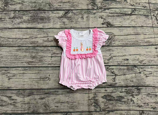 Baby Girls Pink Stripe Embroidery Bunny Carrots Easter Romper Preorder