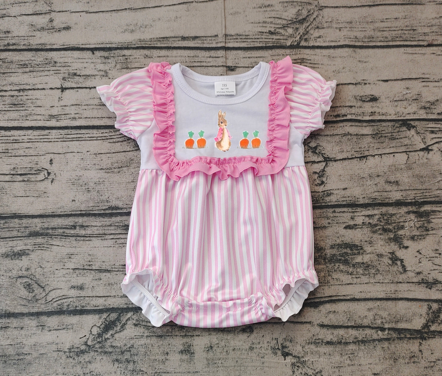 Baby Girls Pink Stripe Embroidery Bunny Carrots Easter Romper Preorder