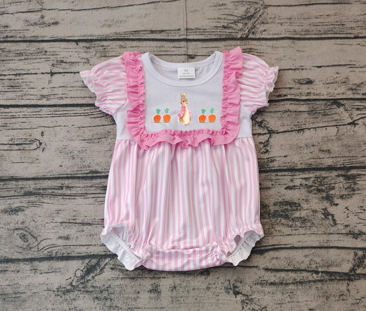 Baby Girls Pink Stripe Embroidery Bunny Carrots Easter Romper Preorder